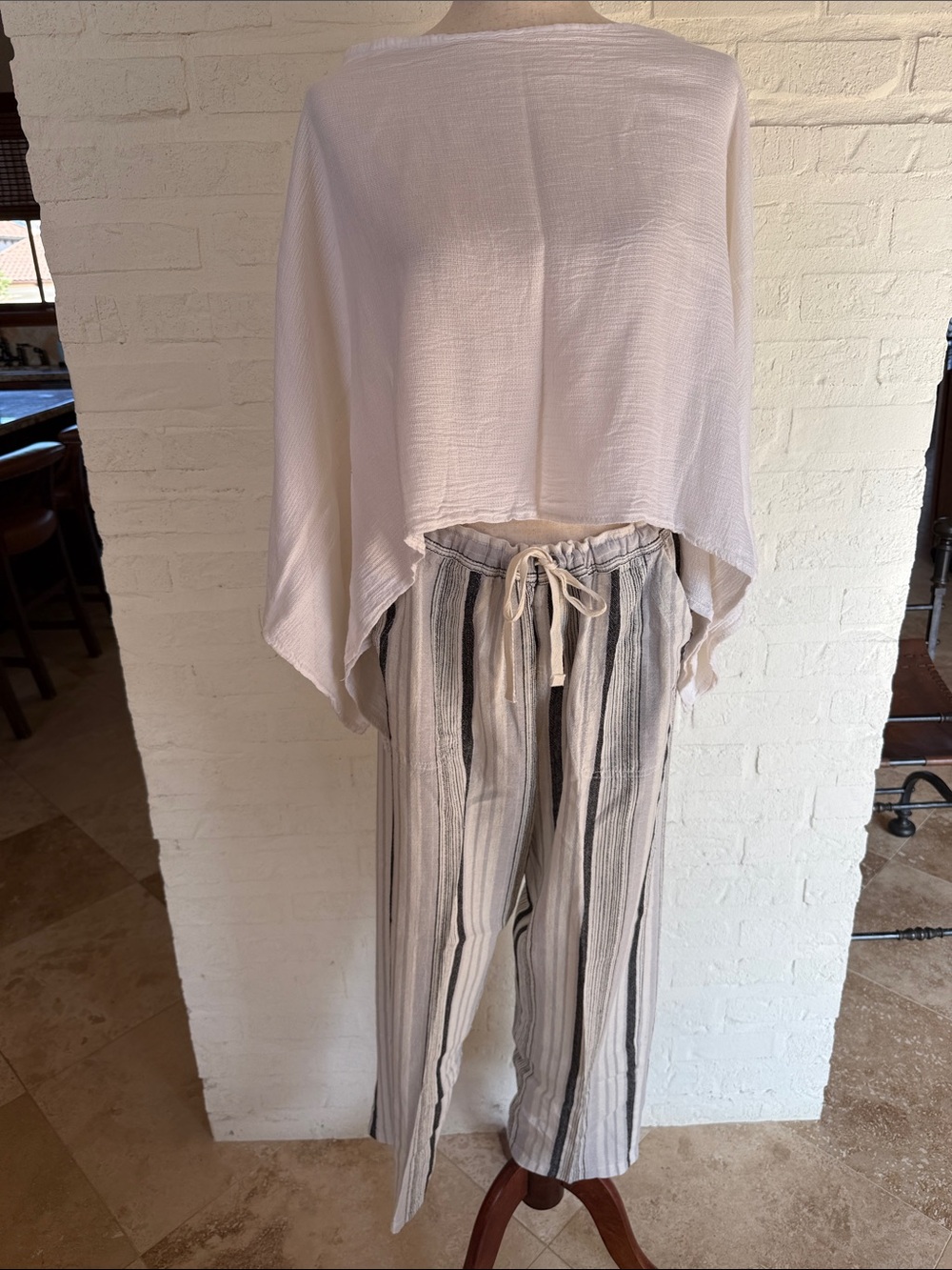 Striped Wide Leg Drawstring Pants - Cream & Gray with Cream boxed cropped top
